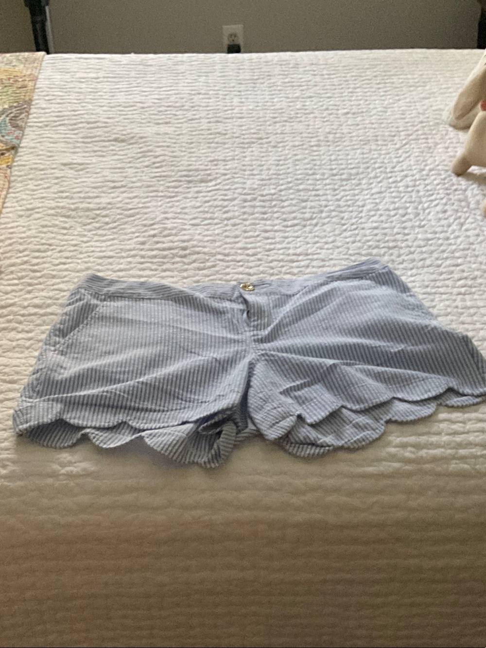 Lilly Pulitzer Blue and White Striped High-Rise Scallop Hem Shorts